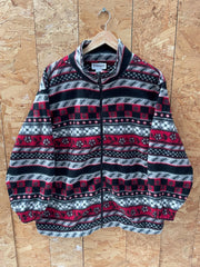 Vintage 90s red grey black aztec abstract pattern crazy print zip fleece size large by Alfred Dunner