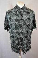 Vintage 90s charcoal grey black floral pattern rayon short sleeve hawaiian shirt size large