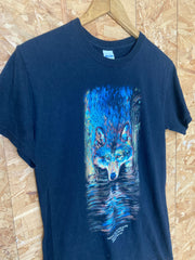 Vintage 90s North Island Recovery Wolf reflection gouache pastel artwork print black souvenir t-shirt size small
