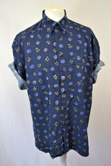 Vintage Y2K navy blue cotton oversized muted pattern hawaiian shirt size XL