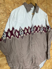 Vintage 90s light brown red white western aztec print cowboy shirt size large by Express Riders