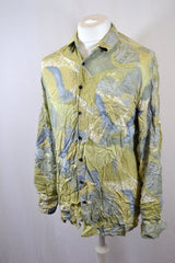 Vintage 90s C&A light olive green watercolour Abstract Pastel Plant Print viscose Shirt size large