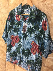 Vintage 90s mens light blue green hibiscus palm trees pineapple fruit print Hawaiian eccentric statement quirky party festival shirt size XL