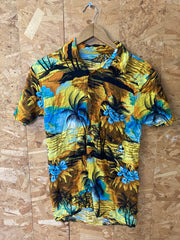 Vintage 90s Hawaiian shirt yellow blue palms beach scene soft rayon size XS