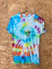Vintage Y2K tie dye blue pink yellow pattern trippy psychedelic rave wavy t-shirt size small