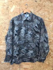 Vintage 80s abstract pattern grey silver 100% silk long sleeve ugly party shirt size large oversized fit