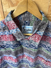 Vintage 90s ethnic tribal batik wax print style pattern grungy grey red brown long sleeve ugly eccentric shirt size XL