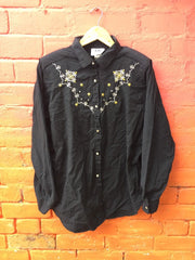Vintage 90s ladies black embroidery cowgirl rodeo cowboy western shirt by Kiks size large 42