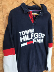 Vintage Y2K Tommy Hilfiger Spell out navy blue white long sleeve polo shirt/sweater size medium