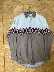Vintage 90s light brown red white western aztec print cowboy shirt size large by Express Riders