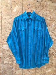Vintage 80s Panhandle Slim turquoise blue cotton striped USA western shirt size large 16/32