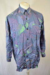 Vintage 90s purple neon green pink leaf abstract wavy Pattern Shirt size XL