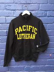 Vintage 90s Champion USA Pacific Lutheran black quarter zip yellow spell out embroidered sweater size small
