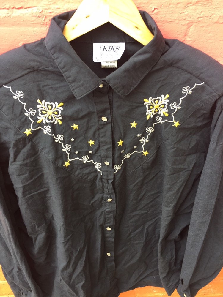 Vintage 90s ladies black embroidery cowgirl rodeo cowboy western shirt by Kiks size large 42