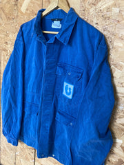 Vintage 80s blue cotton drill sanforized button up chore factory engineer workers utility jacket siz