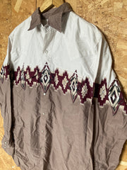 Vintage 90s light brown red white western aztec print cowboy shirt size large by Express Riders