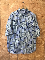Vintage Y2K Mens blue grey Columbia hunting fishing Boston Whaler bluefin tuna fish illustration short sleeve shirt size large