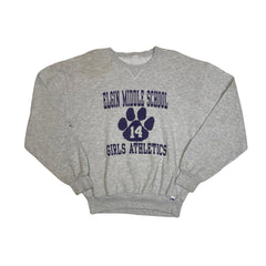Vintage 90s Elgin Middle School Girls Athletics grey purple crew neck sweater size medium by Russel Athletic