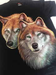 Vintage Wolf pups animal printed nature scene black t-shirt size small