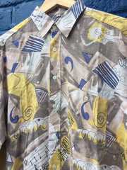 Vintage 80s crazy yellow blue wavy abstract art watercolour pattern soft rayon shirt oversized medium