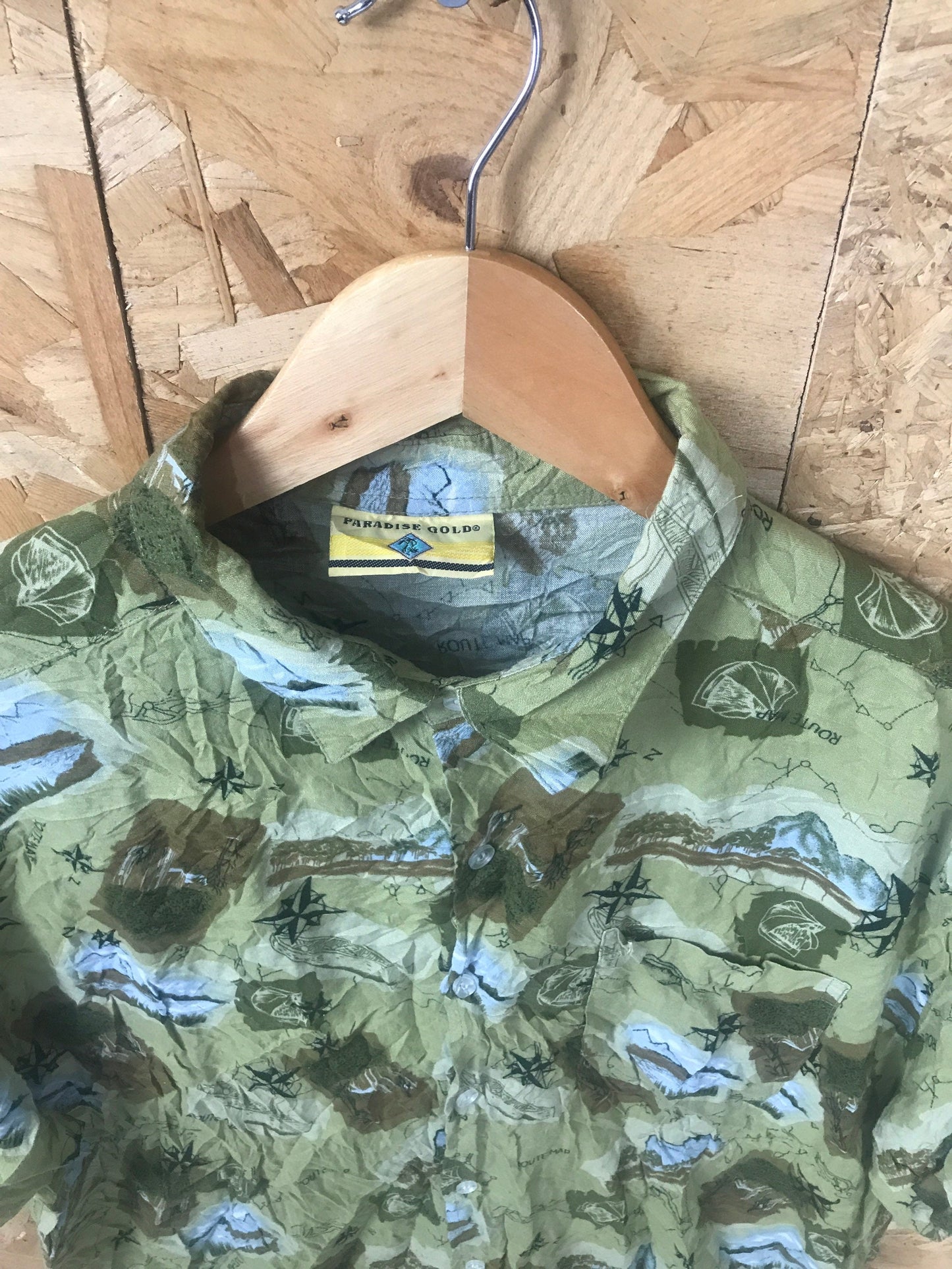 Vintage 90s Olive green grungy map print crazy pattern hawaiian style beach party festival shirt size large