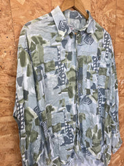 Vintage 90s ugly abstract scrapbook pattern turquoise red grey grungy green festival long sleeve shirt size large