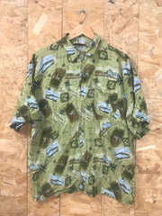 Vintage 90s Olive green grungy map print crazy pattern hawaiian style beach party festival shirt size large