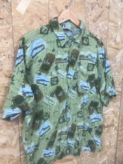 Vintage 90s Olive green grungy map print crazy pattern hawaiian style beach party festival shirt size large