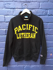 Vintage 90s Champion USA Pacific Lutheran black quarter zip yellow spell out embroidered sweater size small