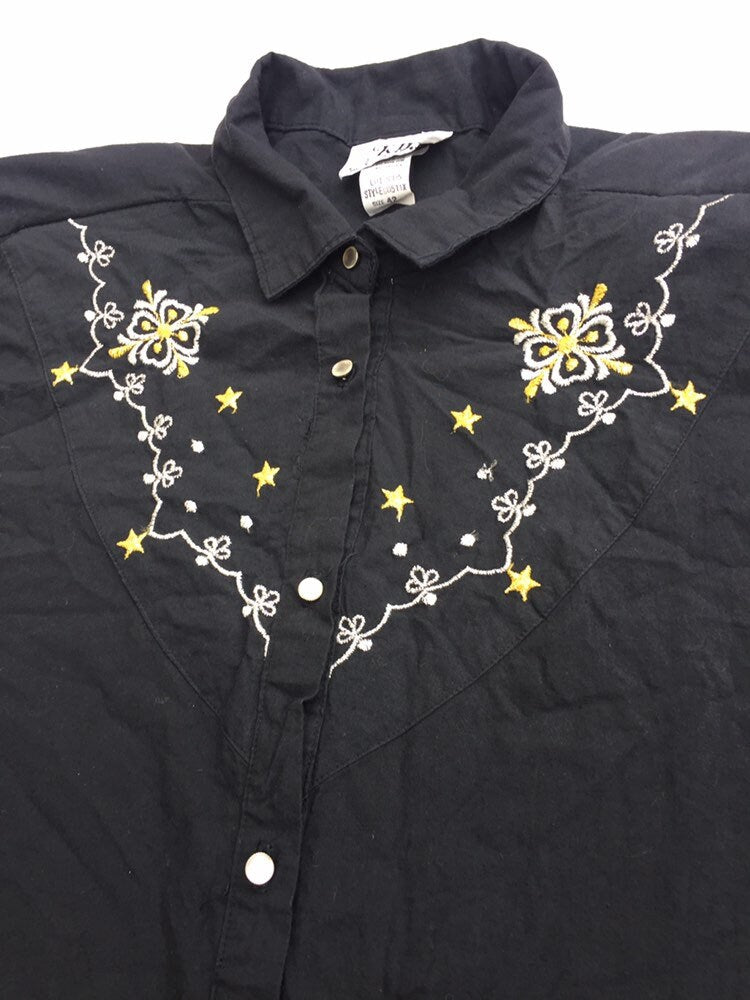 Vintage 90s ladies black embroidery cowgirl rodeo cowboy western shirt by Kiks size large 42