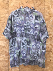 Vintage 90s mens pastel light green purple grey abstract trippy pattern short sleeve summer party shirt size XXL