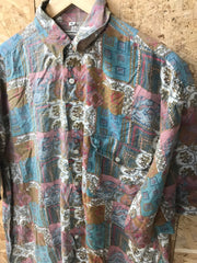 Vintage 90s ugly faded pastel colour paisley patchwork abstract pattern light brown green short sleeve shirt size XL
