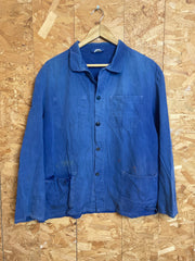 Vintage 70s French blue workers chore distressed herringbone button jacket size large