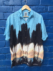 Vintage 90s silhouette palm tree blue beige overwized rayon hawaiian shirt size large