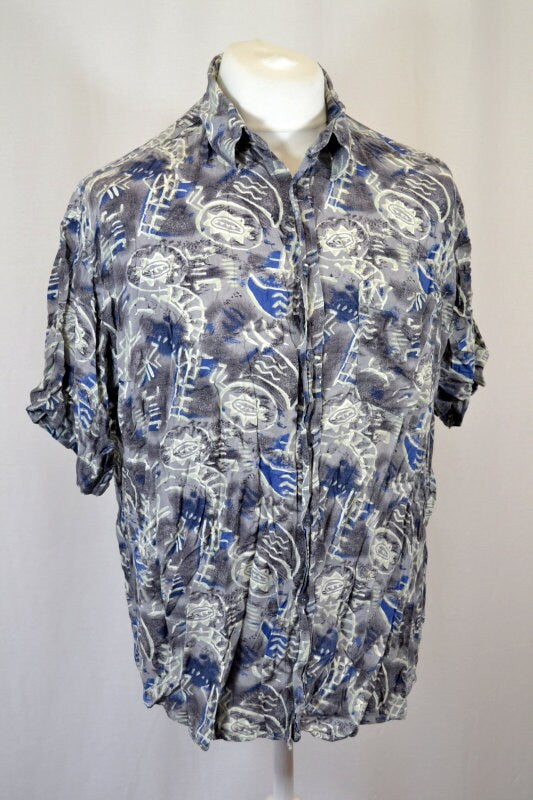 Vintage 90's charcoal grey blue Wavy Ugly Abstract Pattern Hawaiian style rayon Shirt oversized