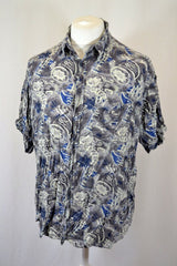 Vintage 90's charcoal grey blue Wavy Ugly Abstract Pattern Hawaiian style rayon Shirt oversized
