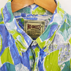 Vintage 90s green blue abstract pattern twin pocket button western shirt size XL