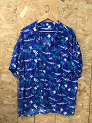 Vintage 90s aeroplane biplane palm tree blue white oversized rayon hawaiian shirt size 2XL extra large