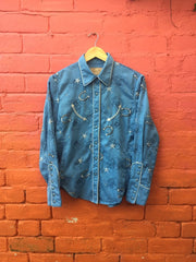 Vintage ladies Scully light blue horseshoe pattern western cowgirl line dance show blouse womens size small