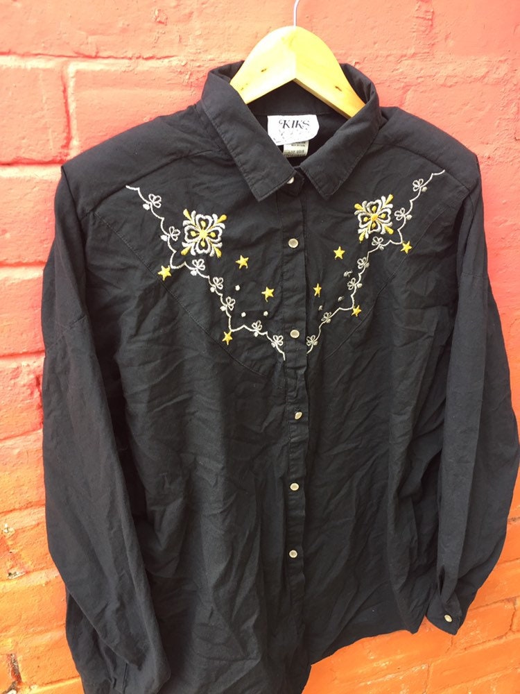 Vintage 90s ladies black embroidery cowgirl rodeo cowboy western shirt by Kiks size large 42