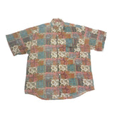 Vintage 90s ugly faded pastel colour paisley patchwork abstract pattern light brown green short sleeve shirt size XL
