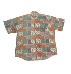 Vintage 90s ugly faded pastel colour paisley patchwork abstract pattern light brown green short sleeve shirt size XL