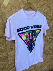 Vintage 90s light pastel pink Good Vibes skeleton hand t-shirt size medium