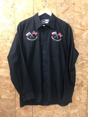 Vintage 90s black ‘Keep it country’ double flag embroidered western line dance rockerbilly long sleeve shirt size large