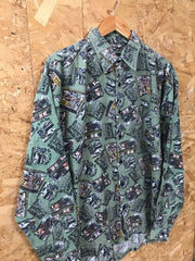 Vintage 90s green expedition map abstract motif crazy pattern ugly soft brushed cotton retro party size XL