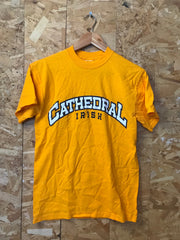 Vintage 80s USA Cathedral Irish High School Indianapolis yellow t shirt size Small