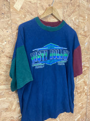 Vintage 80s Misty Hollow Program Center USA souvenir navy blue red green t-shirt size XL