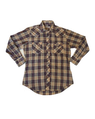 Vintage 80s beige blue red fine check western slim fit twin pocket cowboy shirt size XL