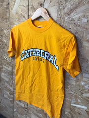 Vintage 80s USA Cathedral Irish High School Indianapolis yellow t shirt size Small