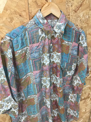 Vintage 90s ugly faded pastel colour paisley patchwork abstract pattern light brown green short sleeve shirt size XL